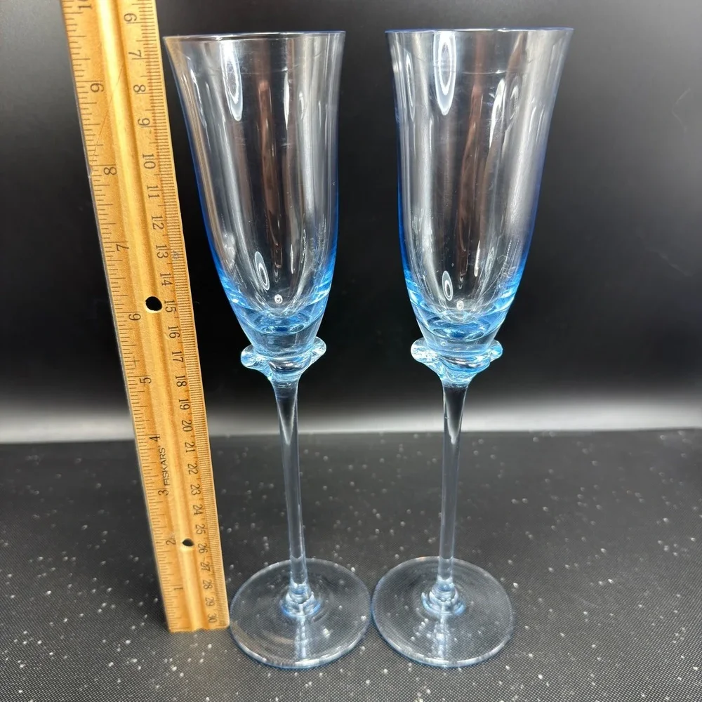 Cristal D'Arques Blue Champagne Flutes Set of 2 Lead Crystal 9.5 Inch Tall Glass